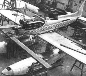 An S.6 under construction, with the Rolls Royce R engine clearly on view - Crown Copyright. 